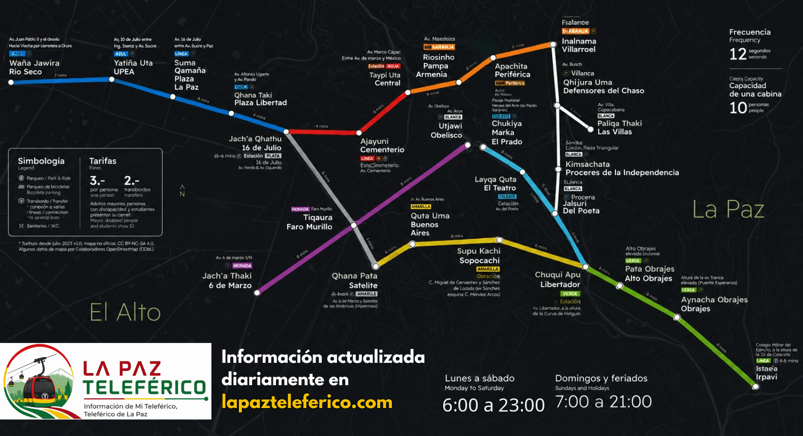 Map of Mi Teleférico — the 10 cable car lines of La Paz and El Alto
